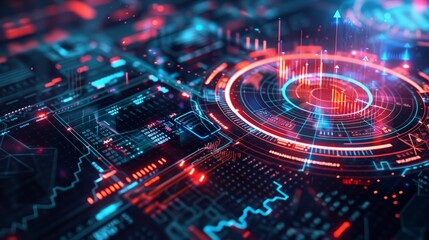 Futuristic digital circuit board, glowing with bright lights and vibrant colors, showcasing advanced technology and innovation