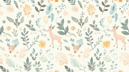 Obraz premium Pastel-colored seamless pattern with hand-drawn botanical elements, featuring leaves, flowers, and charming deer, in a light and airy design