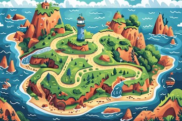 A vibrant cartoon treasure map showing a coastal landscape with cliffs, a lighthouse, a village, and various obstacles like quicksand and boulders, with a winding path marked by footprints and a