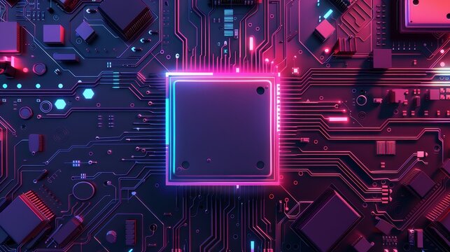 Futuristic digital circuit board with glowing neon lights, showcasing advanced technology and innovation in electronic components.
