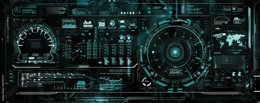 Poster futuristic digital dashboard featuring various high-tech data visualizations and holographic interfa