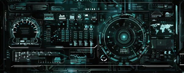 Fototapeta premium Futuristic digital dashboard featuring various high-tech data visualizations and holographic interfaces in a sleek dark theme.