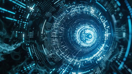 Obraz premium Futuristic digital data tunnel with blue lights and abstract patterns, representing technology, data flow, and information exchange.