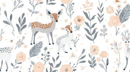 Obraz premium Pastel-colored seamless pattern with hand-drawn botanical elements, featuring leaves, flowers, and charming deer, in a light and airy design