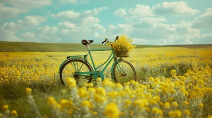 Fototapeta premium Vintage bicycle in a yellow flowered field on a sunny day. Dreamy springtime scene. Ideal for nature and outdoor enthusiasts. AI.