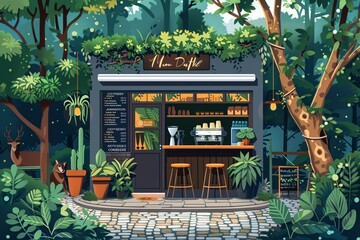 A lively cartoon of an isolated coffee shop in a forest, showcasing a picturesque scene with a cobblestone path, lush greenery, deer grazing nearby, and the shop itself decorated with hanging plants