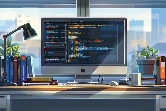 A detailed 4K depiction of a computer monitor showing a complex programming language script, featuring various functions, variables, and comments, with a dual-screen setup, coffee mug, and coding