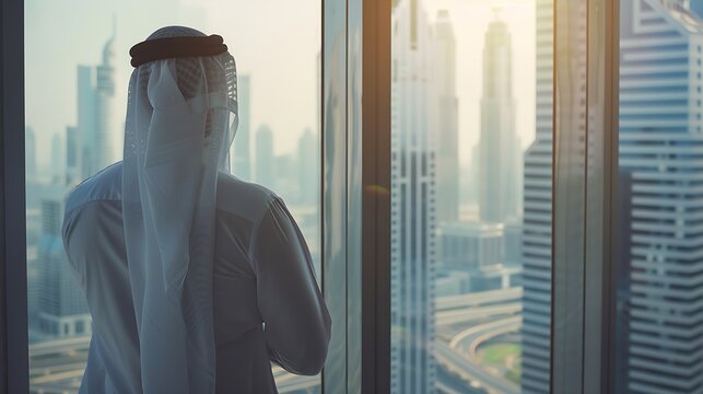 Arabic business man looking out through the office balcony seen through glass window arab young man looking at Dubai city through hotel window : Generative AI