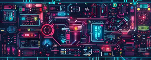Fototapeta premium Futuristic neon cyberpunk city landscape, featuring vibrant colors and intricate technology, perfect for tech and sci-fi themes.