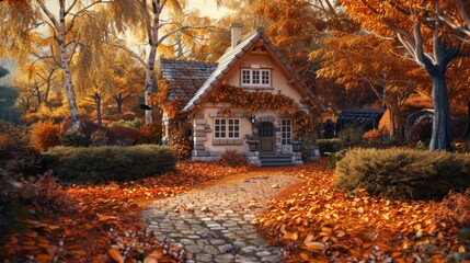 Cozy autumn cottage with pastel tones and a garden full of fallen leaves.