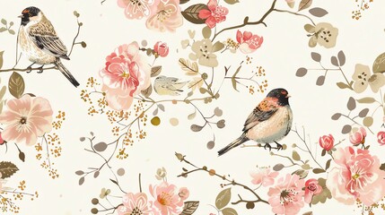 Seamless pattern of hand-drawn pastel-colored leaves and branches with small birds, creating a soft and whimsical design