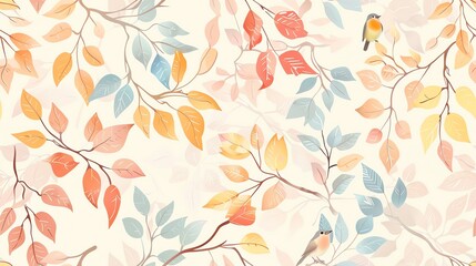 Seamless pattern of hand-drawn pastel-colored leaves and branches with small birds, creating a soft and whimsical design