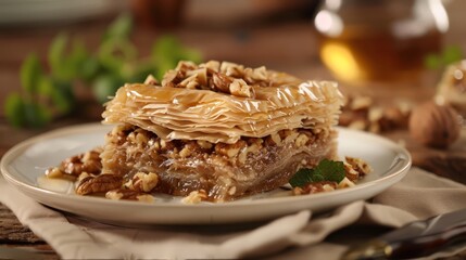 Delight in the sweet, nutty flavors of a Middle Eastern baklava, layers of phyllo dough filled with chopped nuts and honey syrup for a delectable dessert.