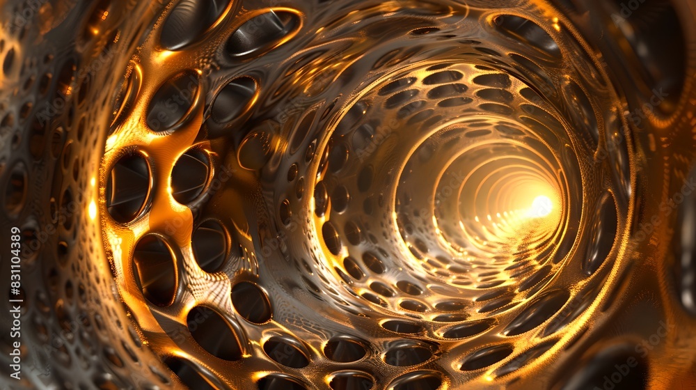 Wall mural abstract golden tunnel with metallic patterns and glowing light. futuristic and surreal design. perf