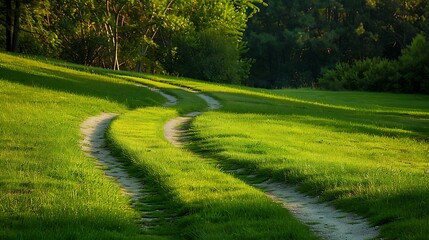 Fototapeta premium Winding path through green grass field at morning. Natural panoramic spring summer landscape.