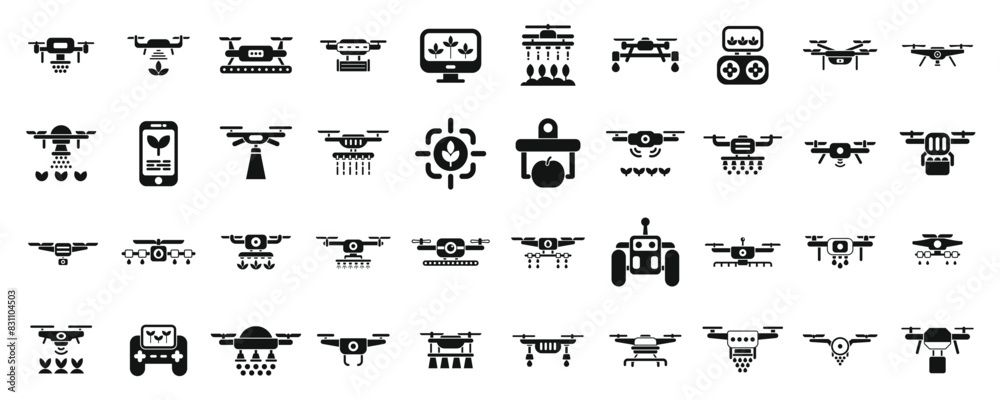 Poster drones in agriculture icons set vector. a collection of various types of drones and other flying mac