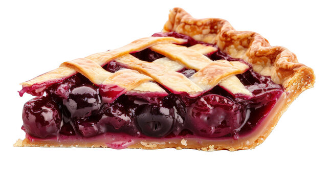 A close-up image of a delicious cherry pie slice with a golden lattice crust, showing juicy cherries inside. Perfect for dessert or food-related content.