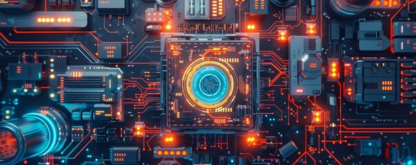 Top view of futuristic circuit board with glowing neon lights representing modern technology, electronics, and digital innovations.