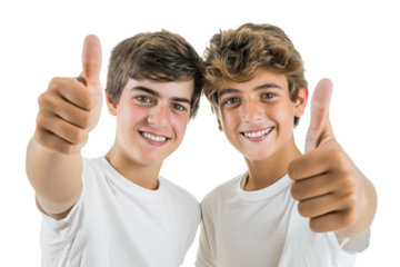 Two cheerful Caucasian brothers doing thumb up at camera wearing plain white t-shirt. Isolated over transparent background