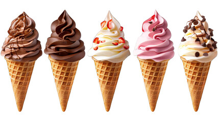 A delicious variety of colorful ice cream cones in a row, with different flavors and toppings, perfect for a sweet treat on a sunny day.
