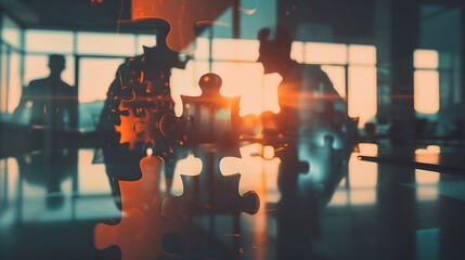 Business people join puzzle pieces in office Concept of teamwork and partnership double exposure with light effects : Generative AI