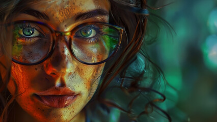 Illustration portrait of young female with freckles wearing glasses space for text