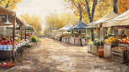 Soft pastel background of an autumn market with stalls selling seasonal produce.