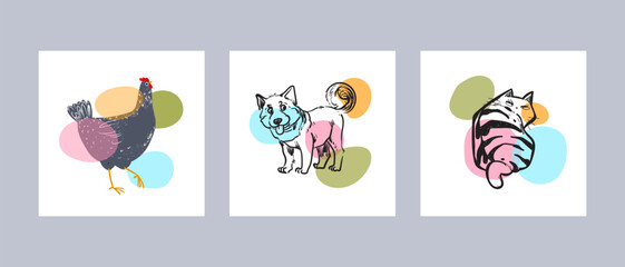 Farm, pet animals hand drawing hand drawn poster wall art vector illustration. Cat, dog, chicken line art.