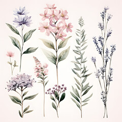 watercolor arrangements with small flower. Botanical illustration luxury style.