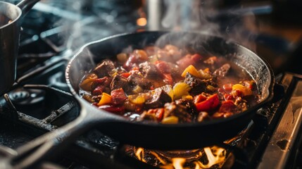Close-up of a cast iron skillet on a stovetop, with a hearty stew bubbling inside, emphasizing the durability and versatility of cast iron cookware