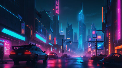 a futuristic city at night, featuring a cyberpunk aesthetic
