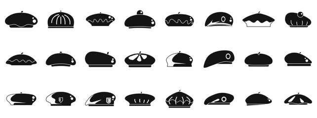Beret icons set vector. A collection of hats in various styles and shapes. The hats are all black and arranged in a row