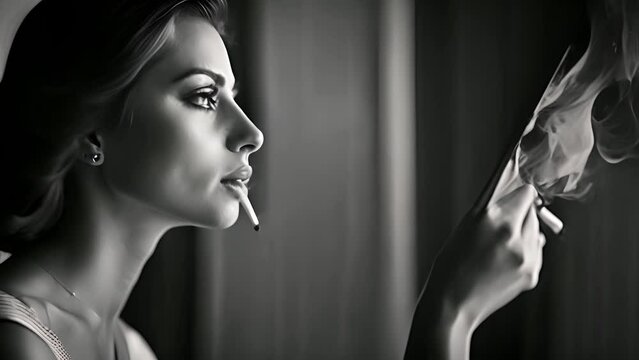 Woman Smoking Cigarette in Black and White Generative AI