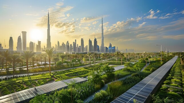Design a visual representation of commitment to sustainability. Highlight initiatives like the Dubai Clean Energy Strategy, smart city projects, and green buildings.