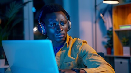 Obraz premium Focused young african businessman wear headphones study online watching webinar podcast on laptop listening learning education course conference calling make notes sit at work desk ele : Generative AI