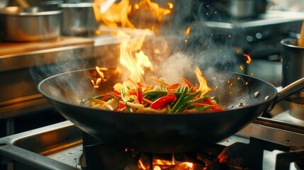 Close-up of a wok on a high flame, with vegetables being stir-fried, capturing the dynamic and intense cooking process of Asian cuisine