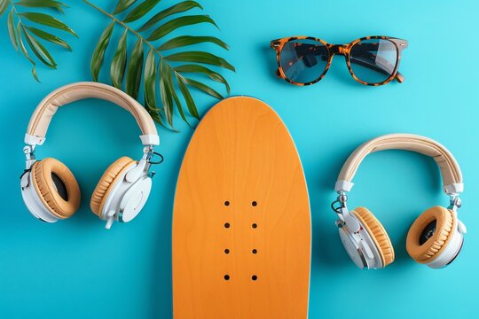 Headphones skateboard blue background