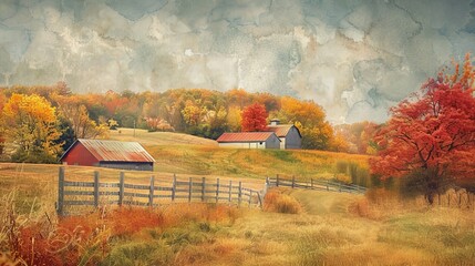 Pastel background of an autumn farm with barns and fields in fall colors.