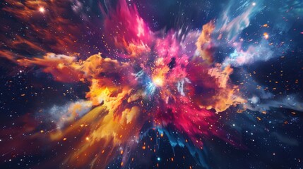 A colorful explosion in space with a bright orange cloud in the middle