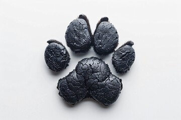 Black dog paw print on white surface