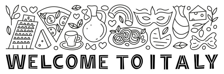 Horizontal banner with lettering and doodle outline Italia landmarks and attractions isolated on white background. Travel concept background.