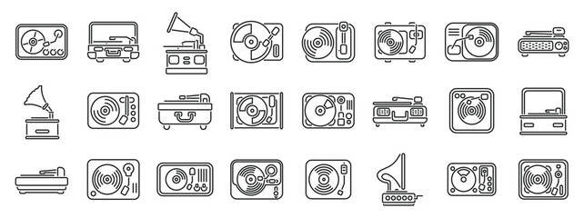 Vinyl player icons set vector. A collection of vintage electronic devices, including a record player, a radio, and a television. Concept of nostalgia and a longing for simpler times