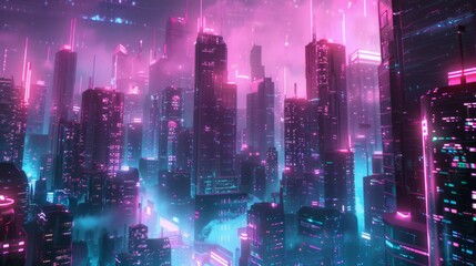 Fototapeta premium A cityscape with neon lights and a pink sky