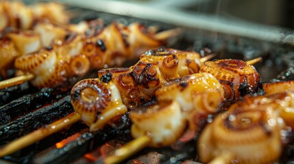 Close-up of flame-grilled squid skewers, with crispy caramelized edges and tender flesh, highlighting the irresistible texture and taste of grilled squid