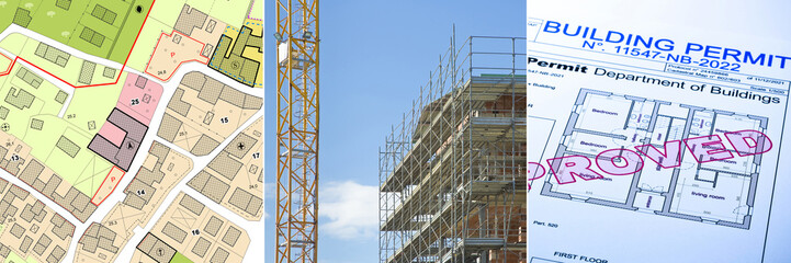 Building Permit banner concept with imaginary cadastral map, construction site with tower crane and...