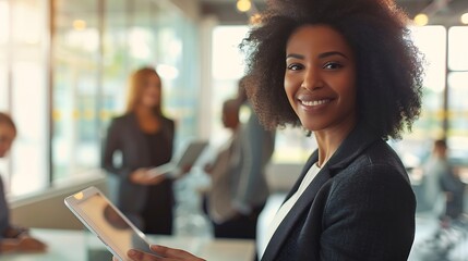 Cheerful young businesswoman smiling at the camera while holding a digital tablet Happy young businesswoman standing in a boardroom with her colleagues in the background : Generative AI