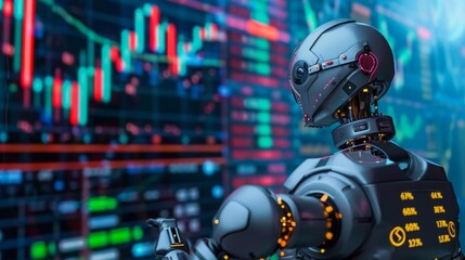 A modern robot stands in front of a bustling stock market, observing the financial activities taking place.