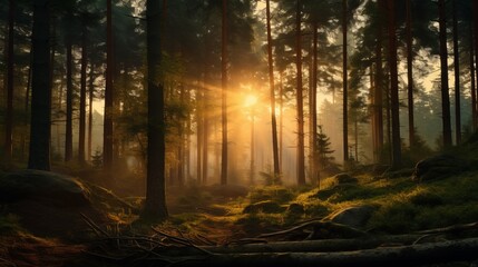 Sunlight filters through the trees in a serene forest, creating a peaceful and magical atmosphere at dawn.