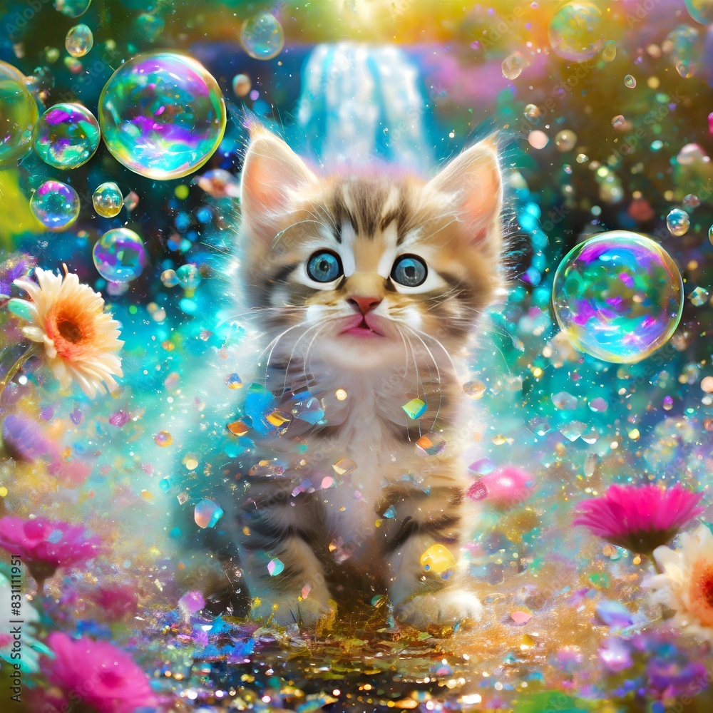 Poster AI generated illustration of Soap bubbles and cats