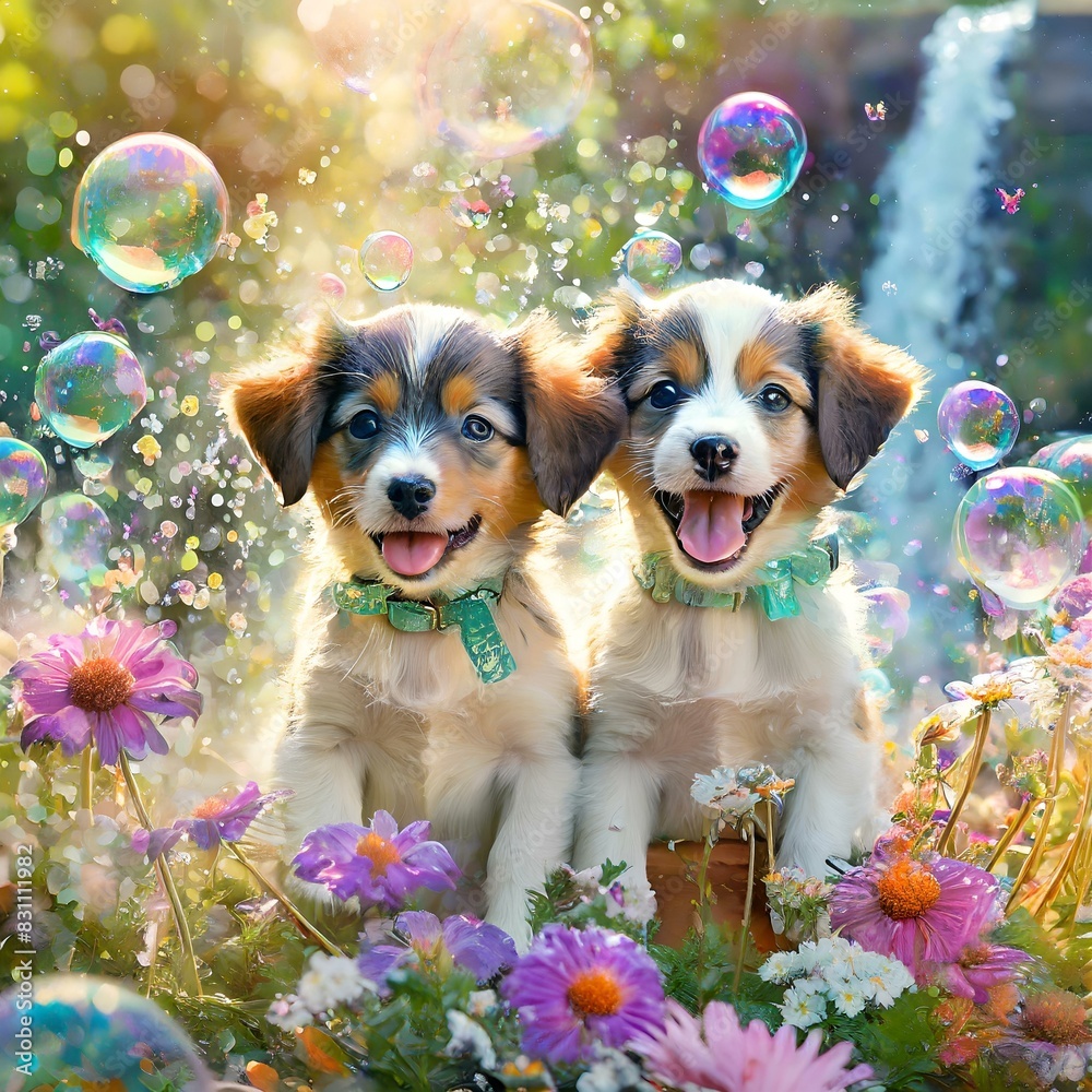 Wall mural AI generated illustration of two dogs standing in a flower-filled field with bubbles